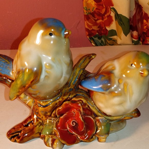GORGEOUS VINTAGE GLAZED SHINEY BIRDS ON A TREE BRANCH DECOR - Picture 4 of 8